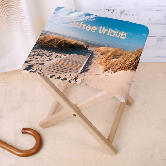 Klapphocker mit Strandmotiv und Wunschtext bedruckt