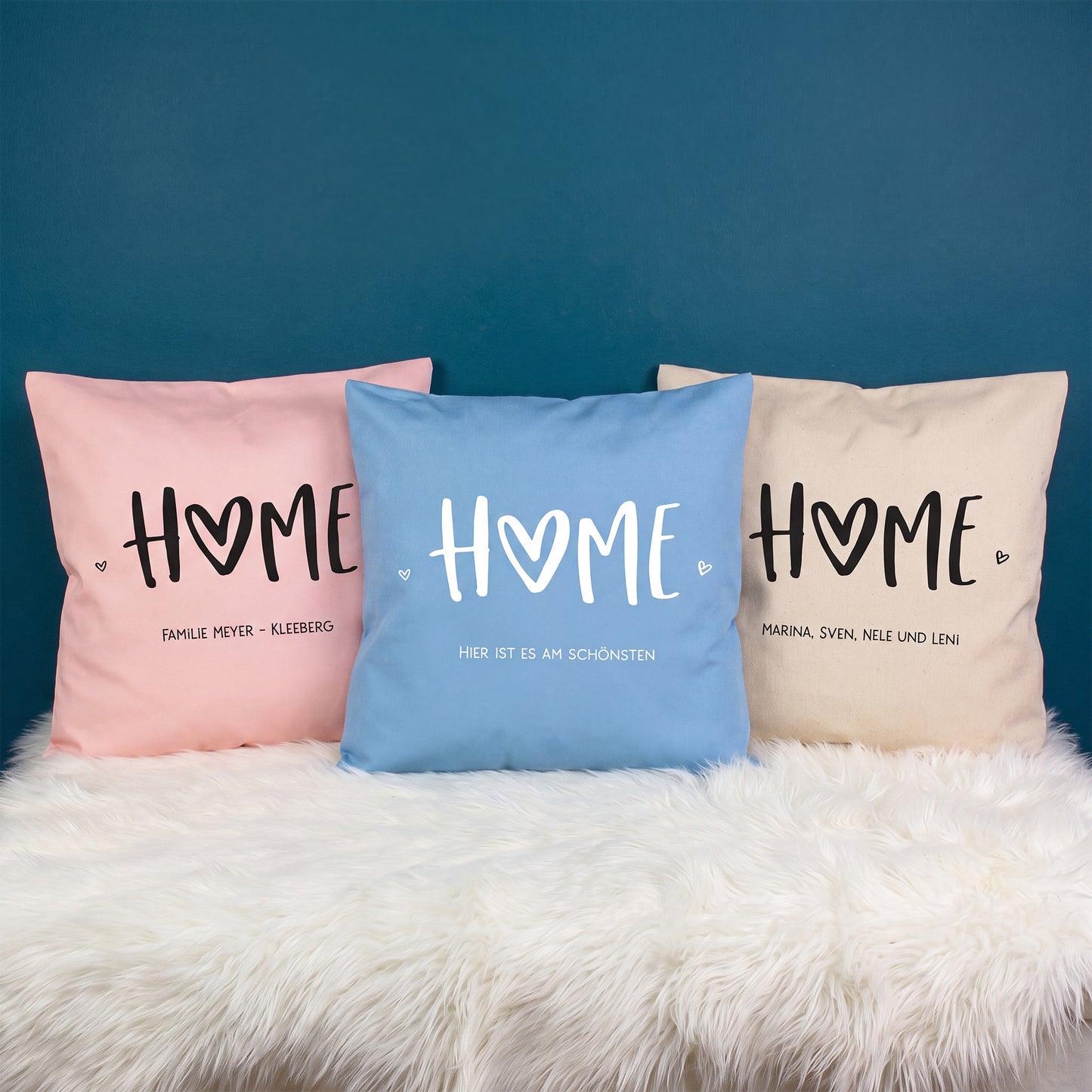Personalisiertes HOME Kissen in Rosa, Blau und Natur mit Wunschtext als Geschenk zum Einzug