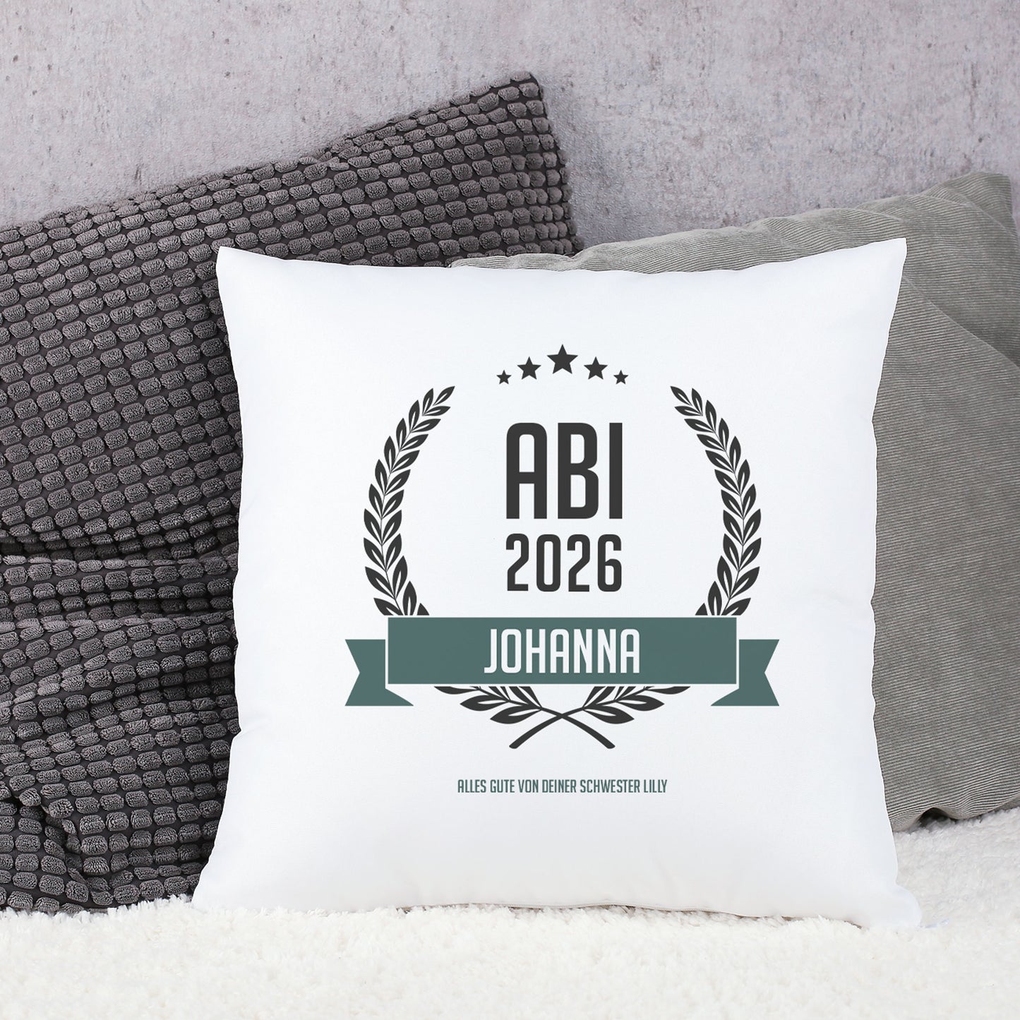 Glückwunsch-Kissen zum Abitur mit Name und Wunschtext