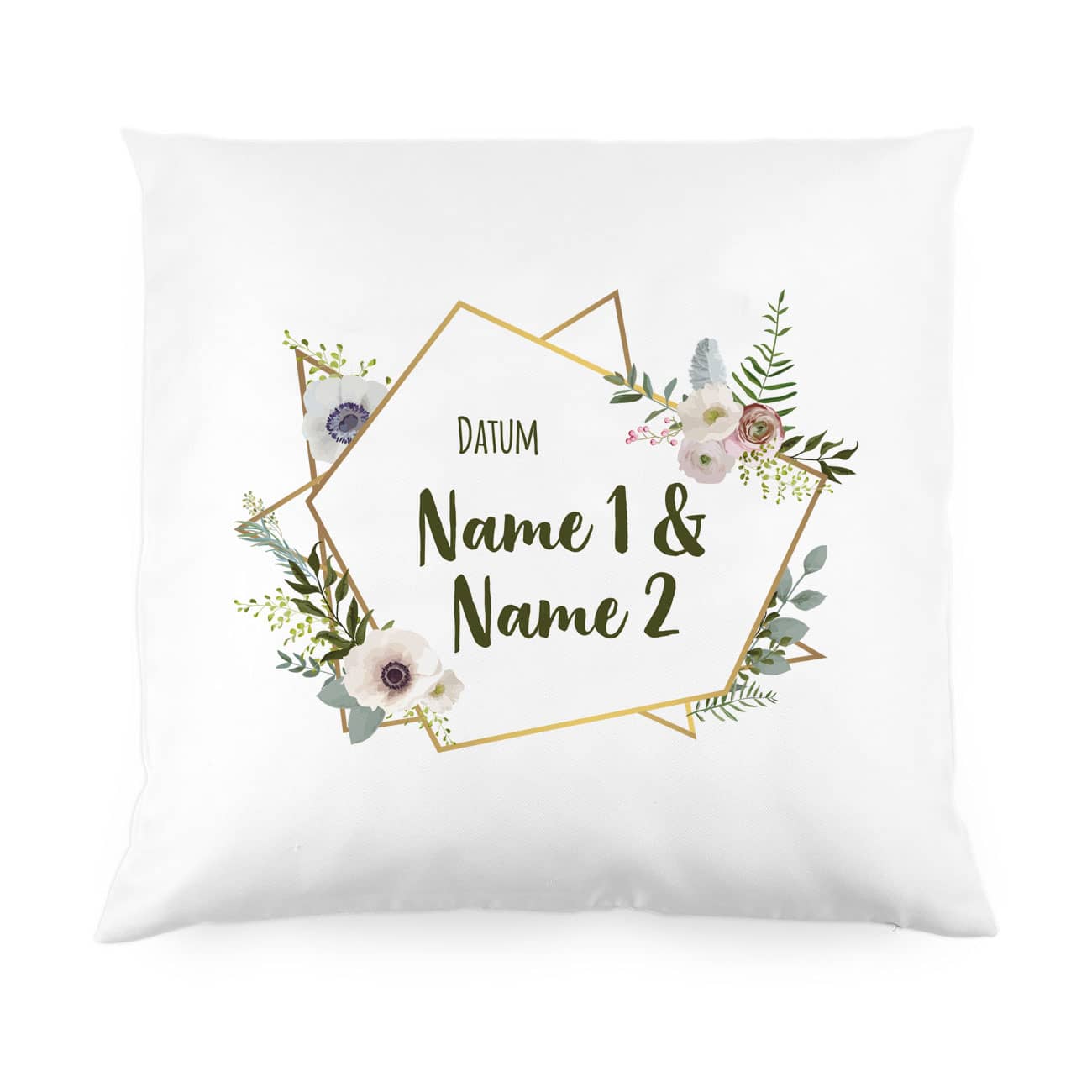 Kissen zur Hochzeit mit Blüten, Namen und Datum