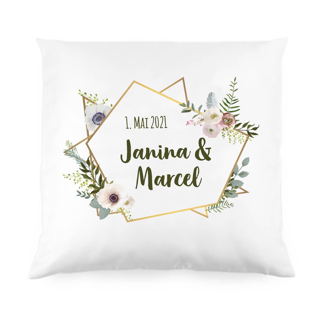 Kissen zur Hochzeit mit Blüten, Namen und Datum