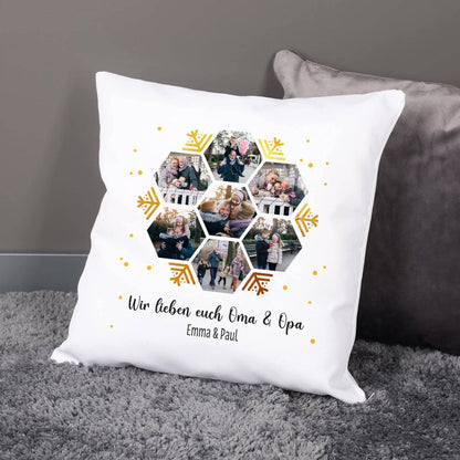7 Fotos auf Kissen mit zwei Zeilen Text nach Wahl