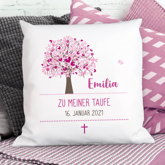 Kissen mit Lebensbaum in rosa, Name, Datum und Wunschtext
