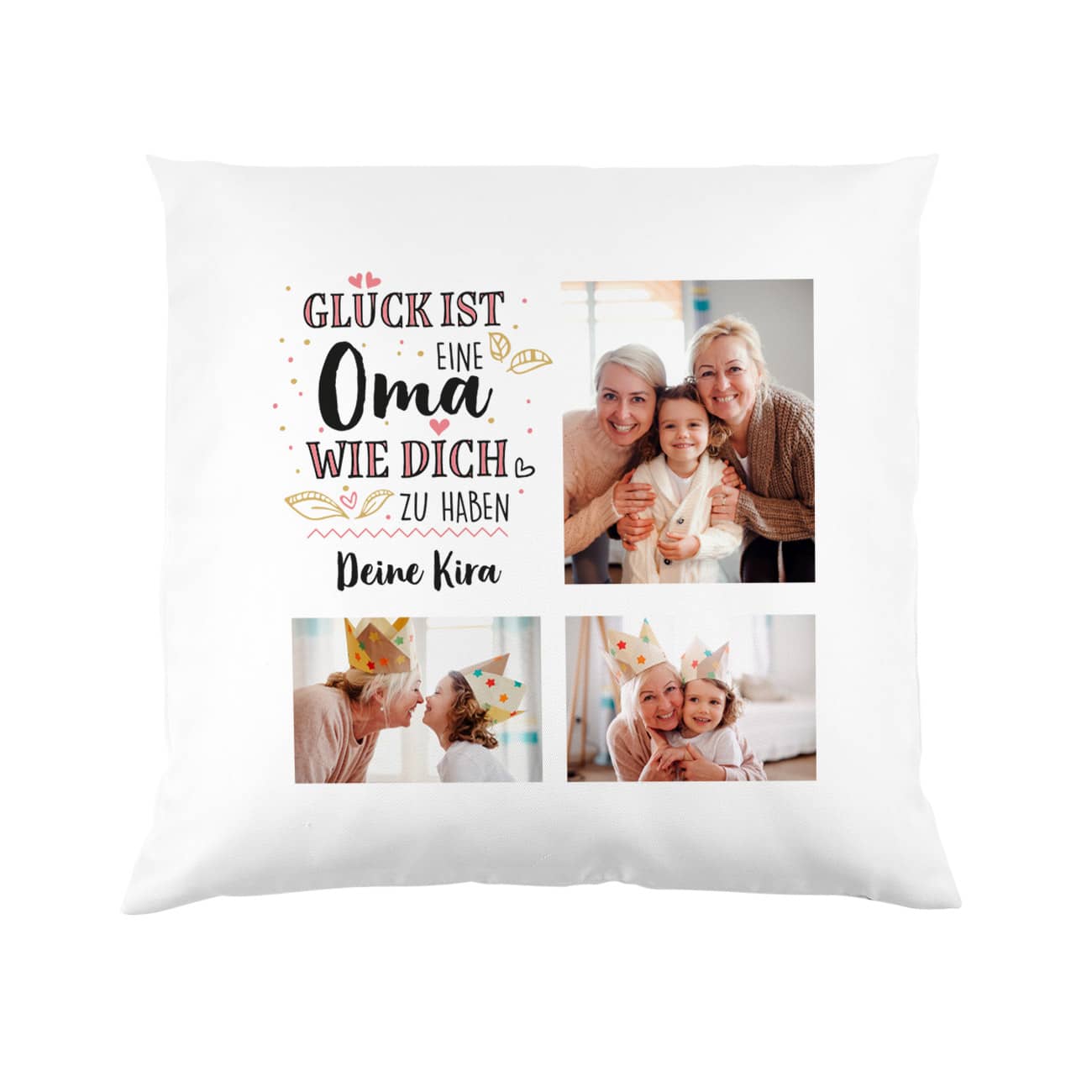 Fotokissen mit 3 Fotos Ihrer Wahl und 1 Zeile Wunschtext