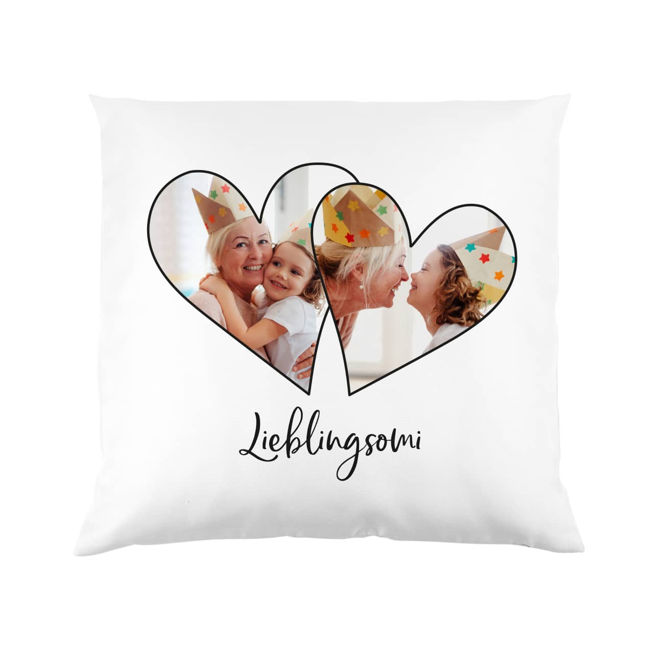 Fotokissen mit zwei Herzen und Wunschtext