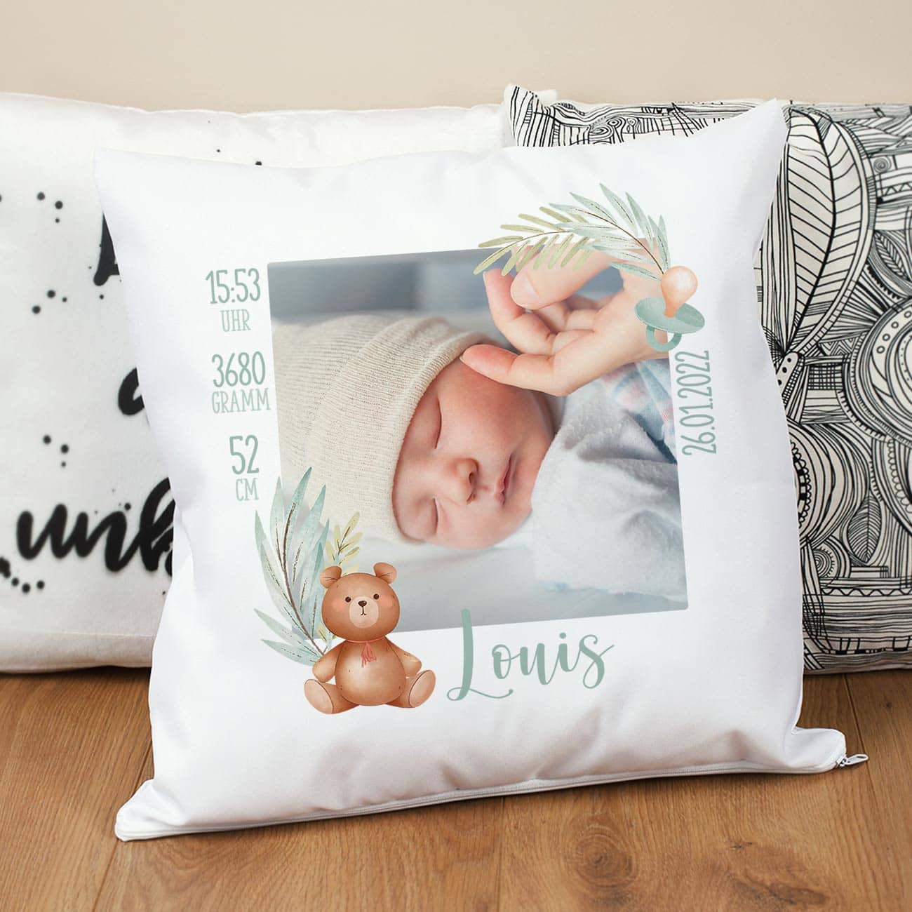 Fotokissen personalisiert mit Uhrzeit, Datum, Gewicht, Größe und Name