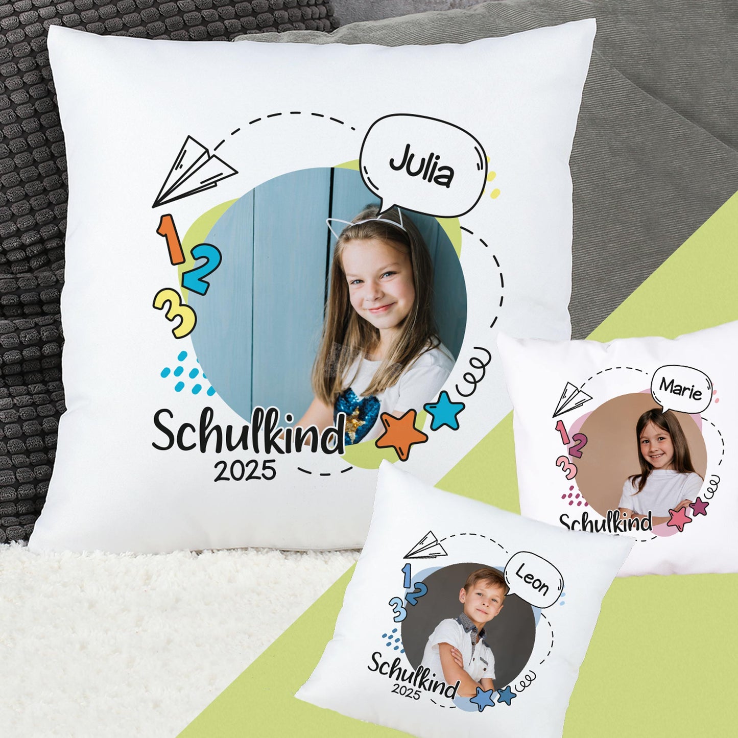 Kissen zur Einschulung mit Foto, Name und Schuljahr
