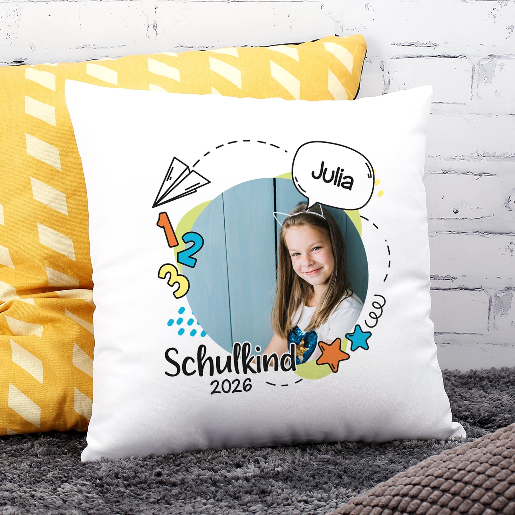 Kissen zur Einschulung mit Foto, Name und Schuljahr in Bunt