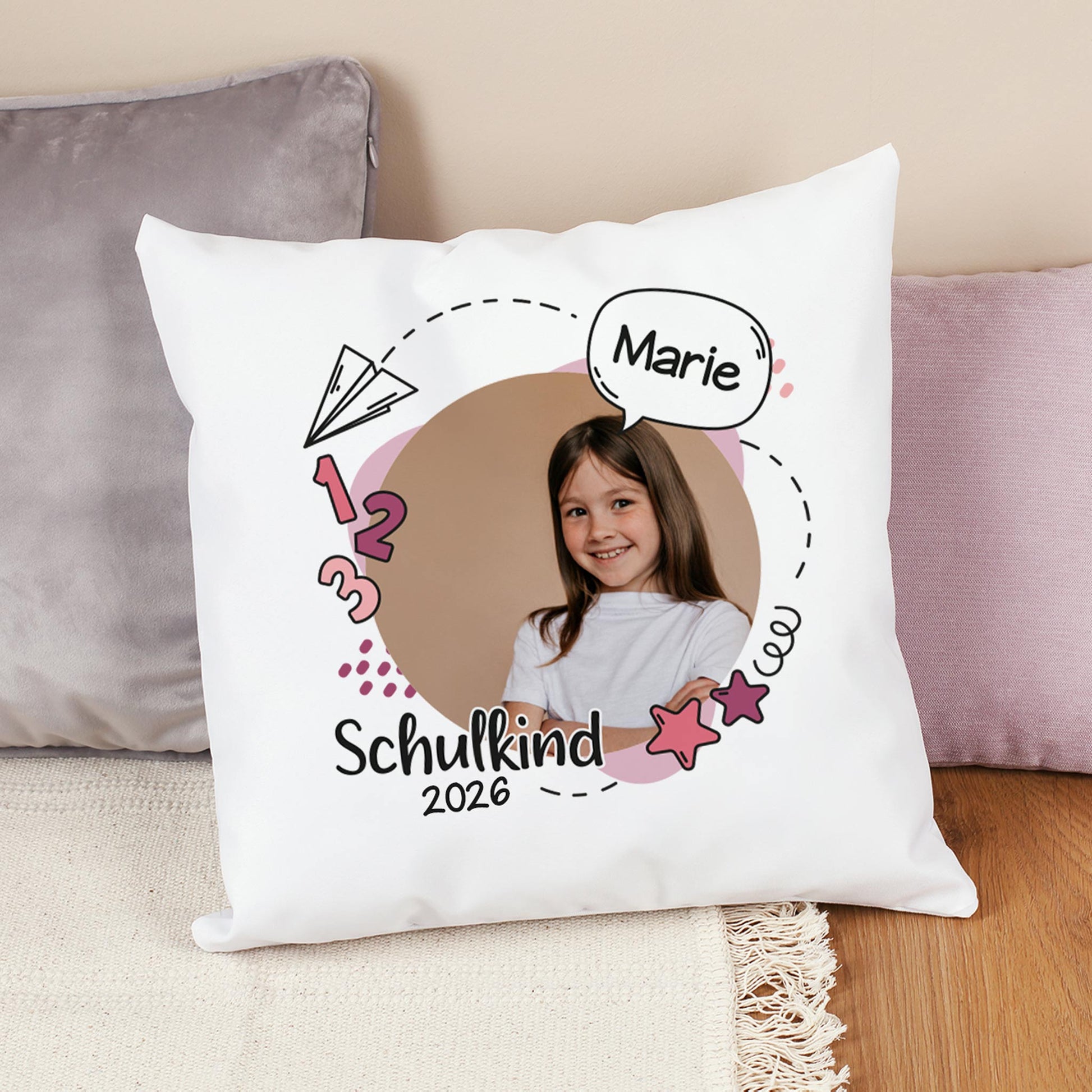 Kissen zur Einschulung mit Foto, Name "Marie" und Schuljahr in Rosa