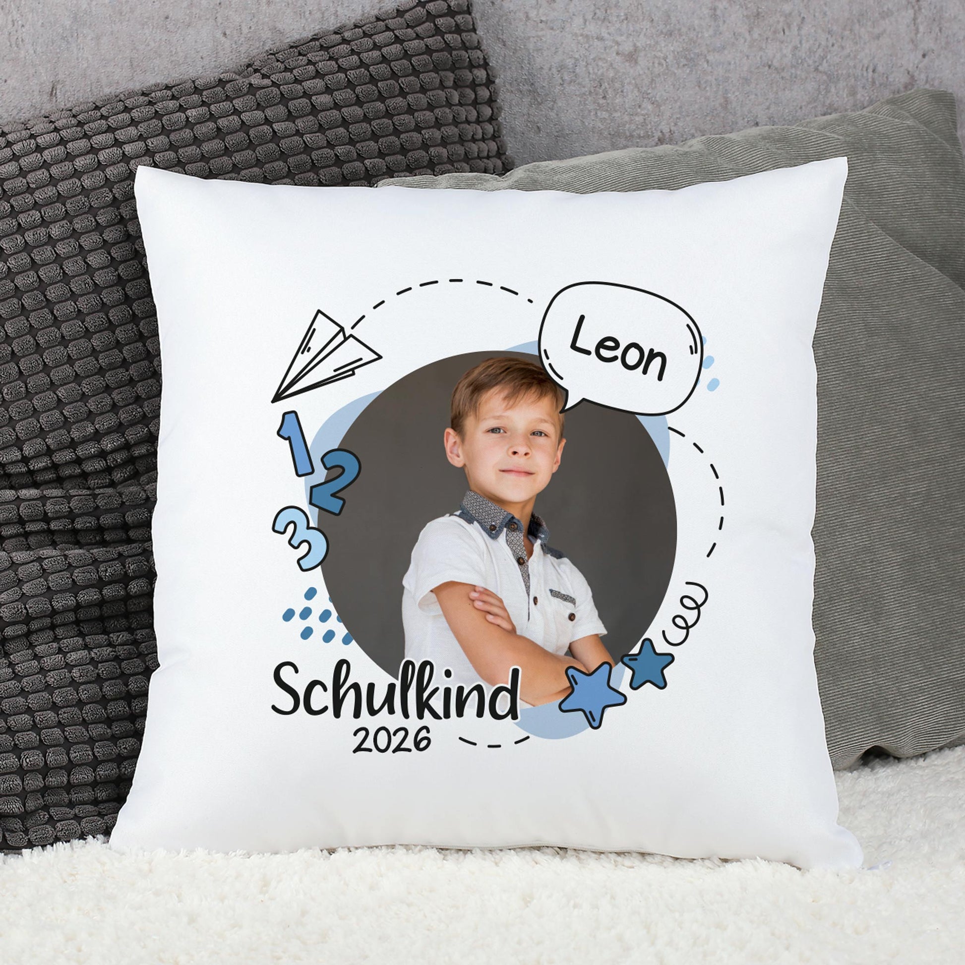 Kissen zur Einschulung mit Foto, Name und Schuljahr in Blau