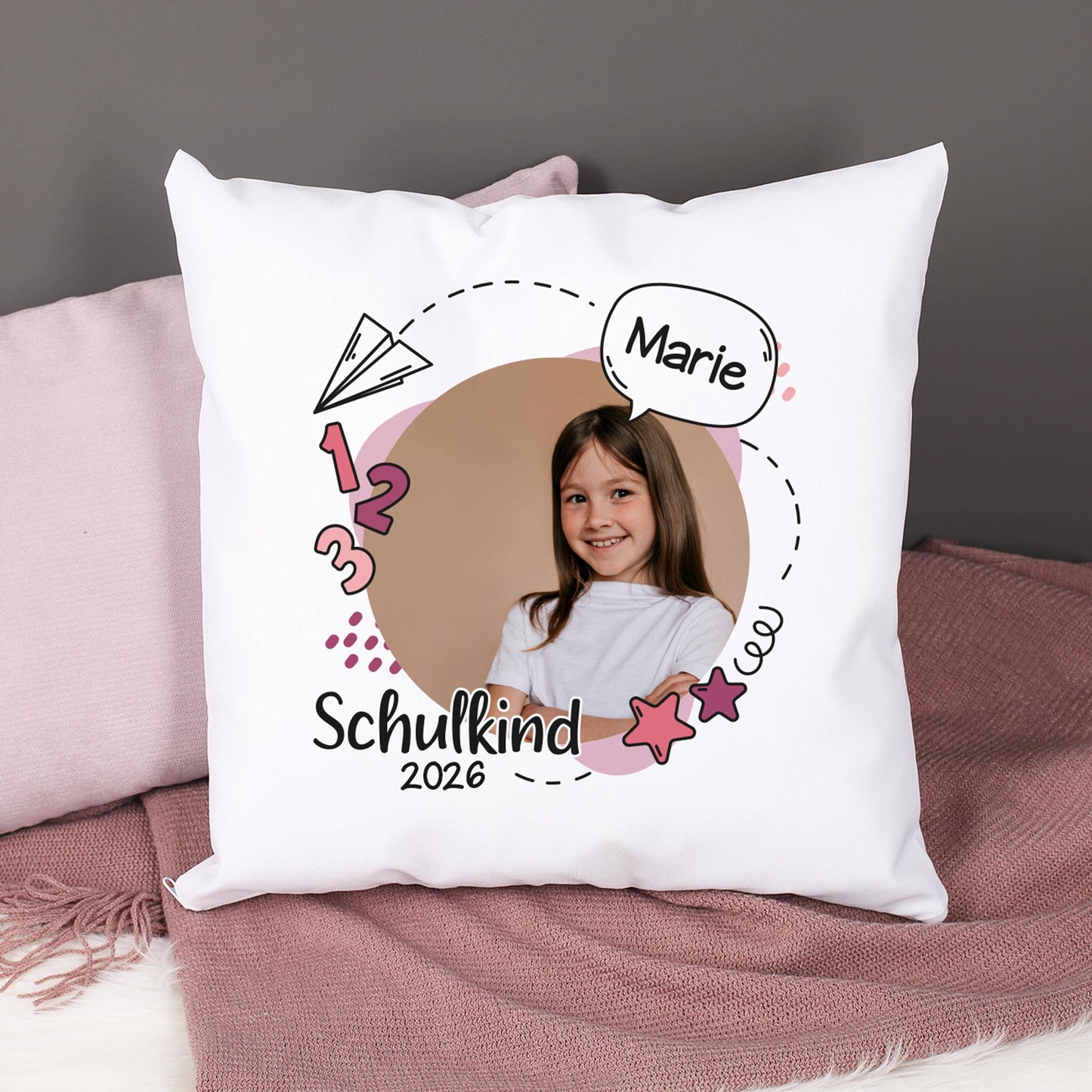 Kissen zur Einschulung mit Foto, Name und Schuljahr in Rosa