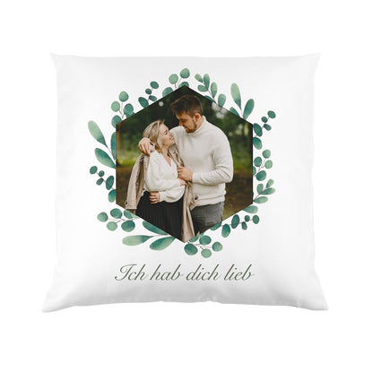 Kissen mit Ihrem Familienfoto und Wunschtext | Motiv: Eukalyptuskranz