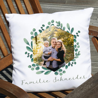 Kissen mit Ihrem Familienfoto und Wunschtext | Motiv: Eukalyptuskranz