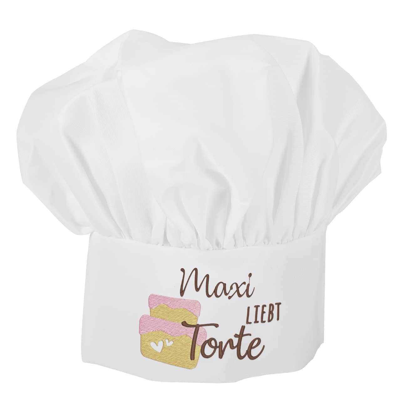 Bestickte Kochmütze für Hobbybäckerinnen mit Torte und Ihrem Wunschnamen