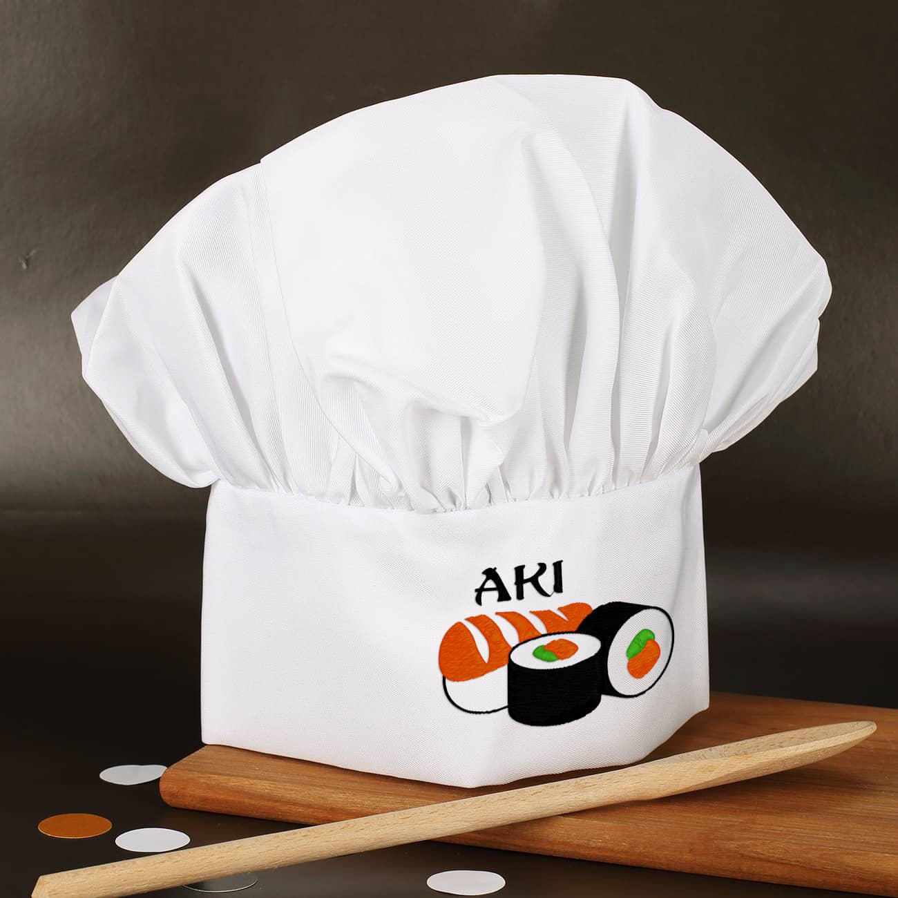 Kochmütze für Sushi-Liebhaber mit Name bestickt