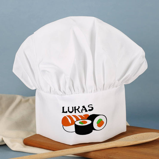 Bestickte Kochmütze mit Nigiri, Maki und Wunschname