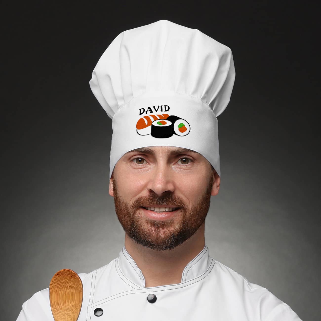 Kochmütze mit Sushi-Stickmotiv und Ihrem persönlichen Wunschnamen