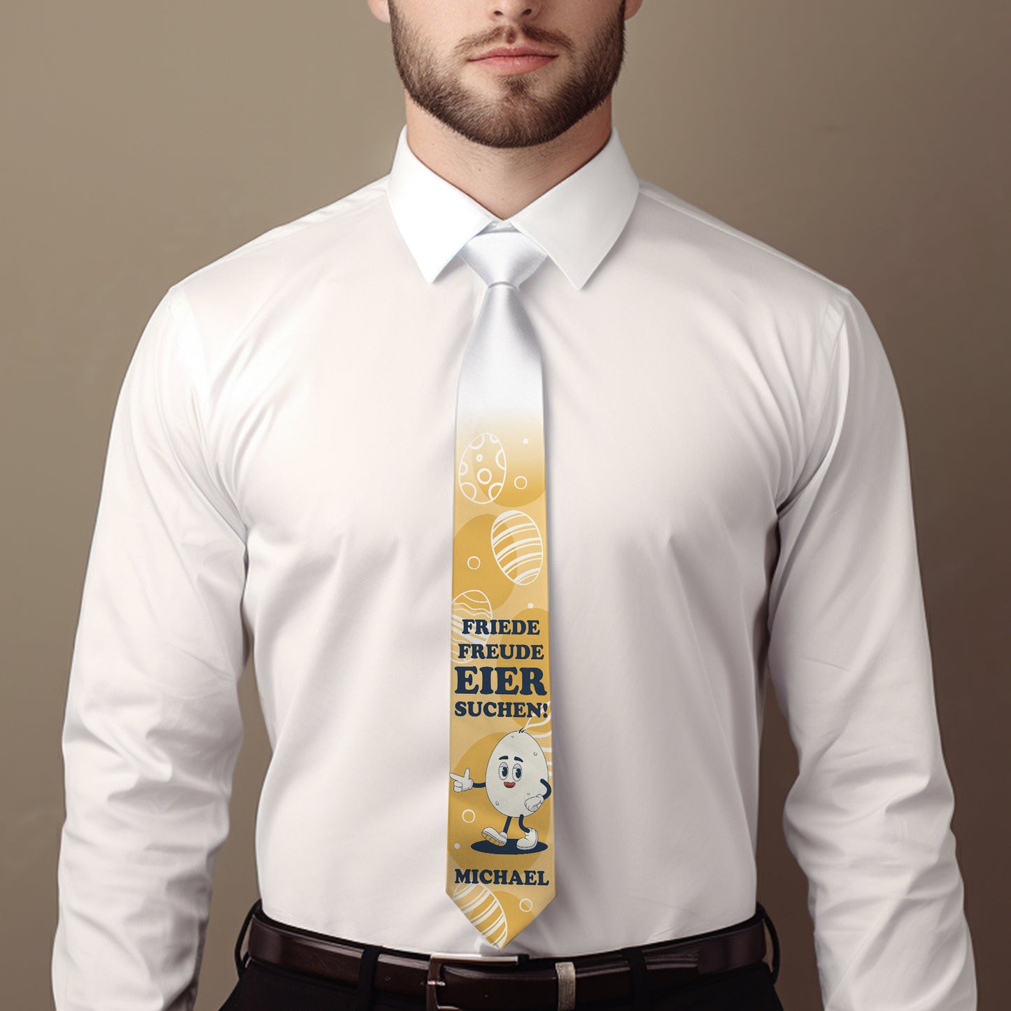 Oster-Krawatte mit Wunschname und Spruch „Friede, Freude, Eier suchen!“