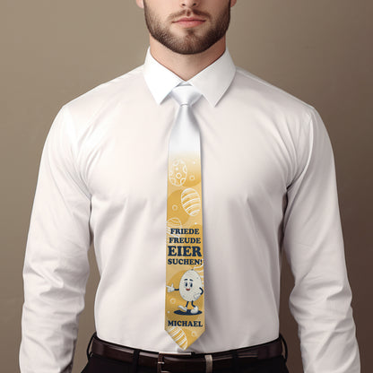 Oster-Krawatte mit Wunschname und Spruch „Friede, Freude, Eier suchen!“