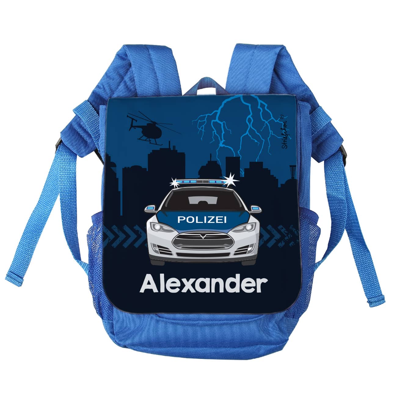 Blauer Kindergartenrucksack mit Polizeiauto und Name