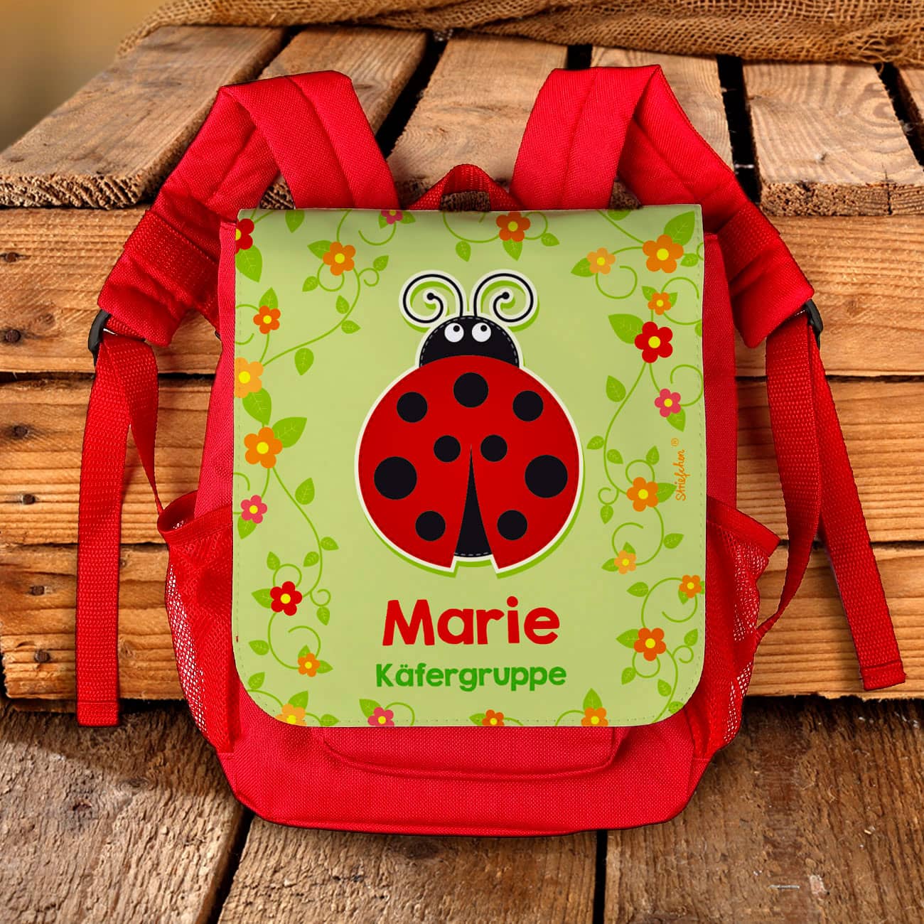 Kindergarten-Rucksack Marienkäfer mit Name und Zusatztext