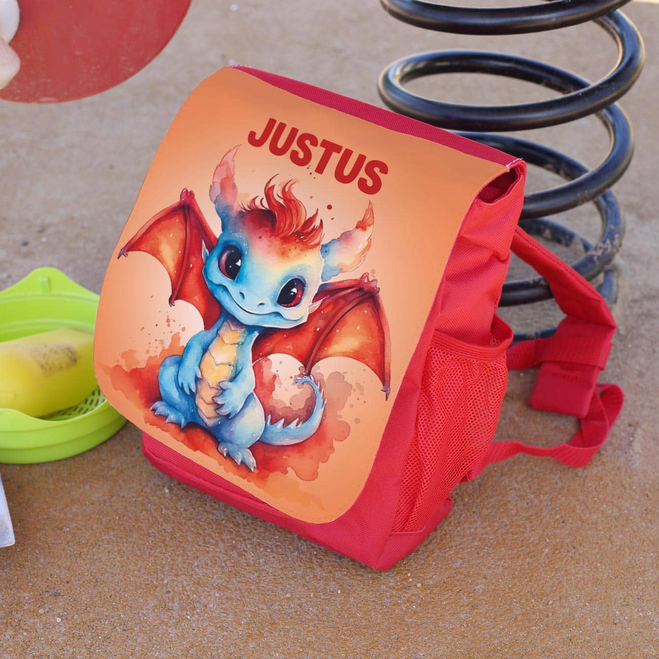 Kinderrucksack in Rot mit Name & Drache bedruckt