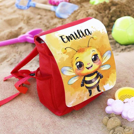 Kinderrucksack in Rot mit Name & Biene bedruckt