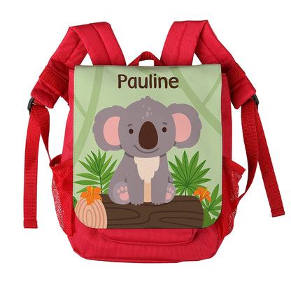 Personalisierter Kinderrucksack in Rot mit Koala Motiv und Name Pauline auf weißem Hintergrund