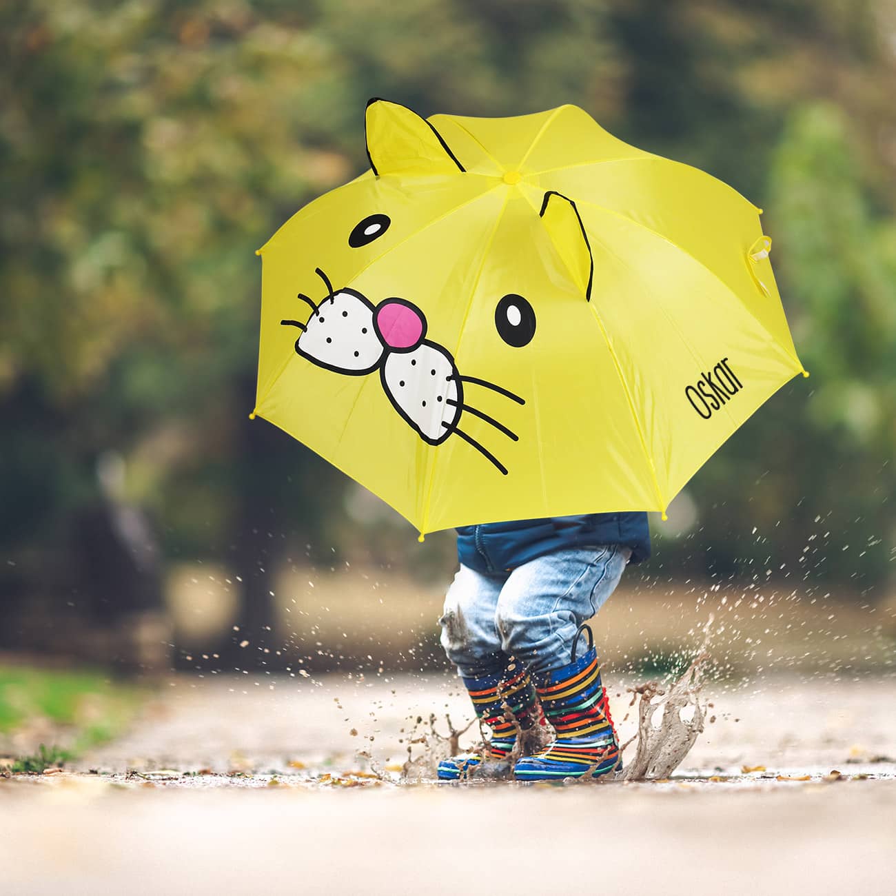 Gelber Regenschirm "Katze" für Kinder mit Name personalisiert
