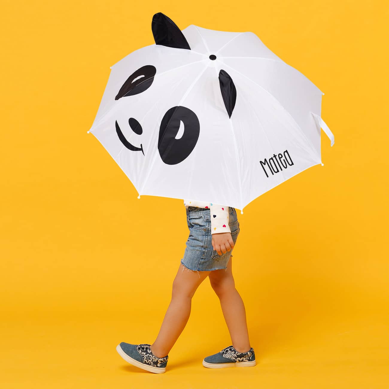Weißer Regenschirm "Panda" für Kinder mit Name personalisiert