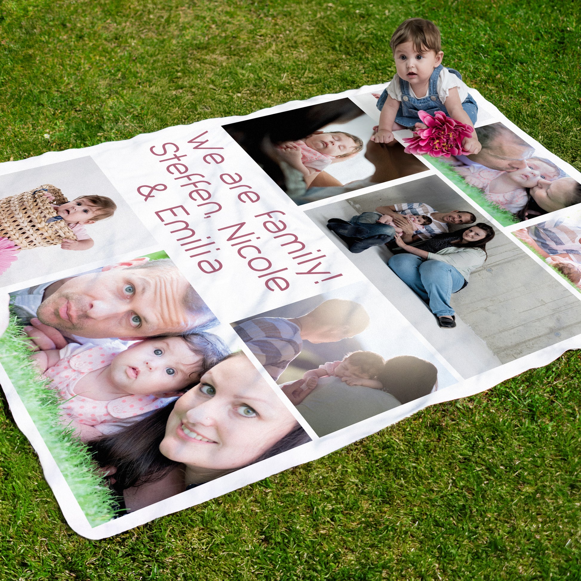 XXL Kuscheldecke mit Familienfotos und Wunschtext – personalisierte Fotodecke im Garten