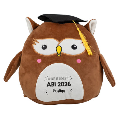 Freigestellte Abi-Eule mit Wunschtext auf weißem Hintergrund