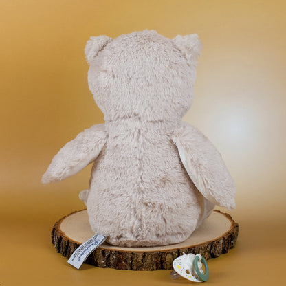 Die Eule ist von hinten zu sehen, sie sitzt auf einer Holzscheibe. Daneben liegt ein grüner Schnuller, der das Foto als Geschenkidee für Babys unterstreicht.