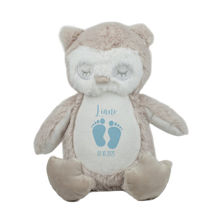 Freigestellte Plüsch-Eule mit hellblauem Babyfüßchen-Aufdruck, Name „Liano“ und Geburtsdatum „01.10.2025“. Das Tier ist auf weißem Hintergrund zentral dargestellt.