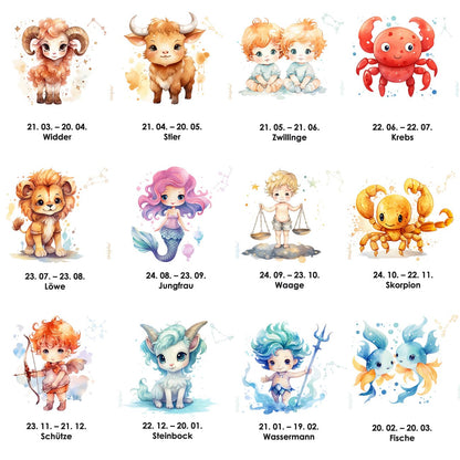 Weiß/blaues Lätzchen mit Sternzeichen, Name und Datum