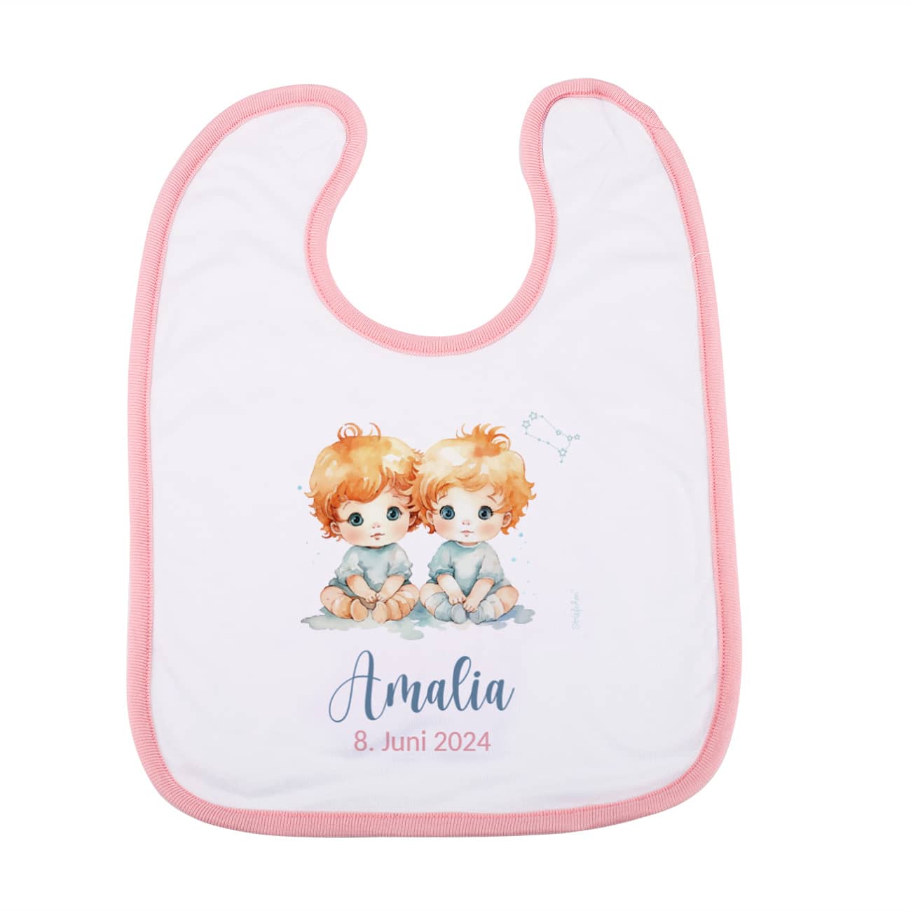 Weiß/rosa Lätzchen mit Sternzeichen, Name und Datum