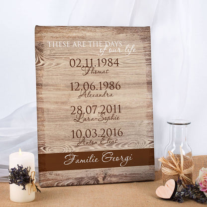 Leinwand mit vier wichtigen Daten Ihrer Familie