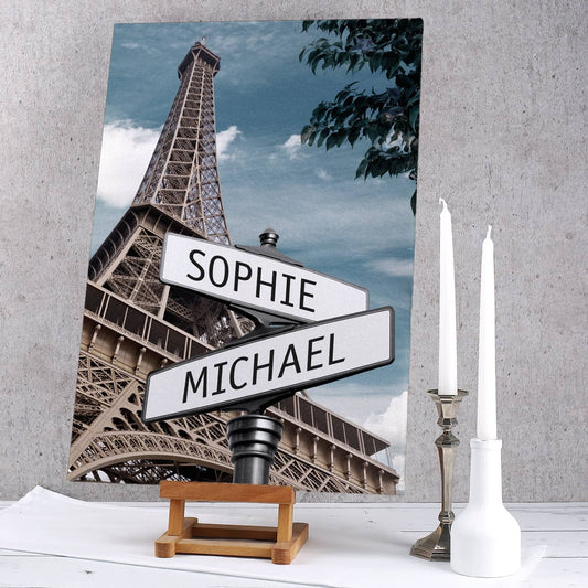 Keilrahmen Leinwand Paris Straßenschilder mit Ihren Namen