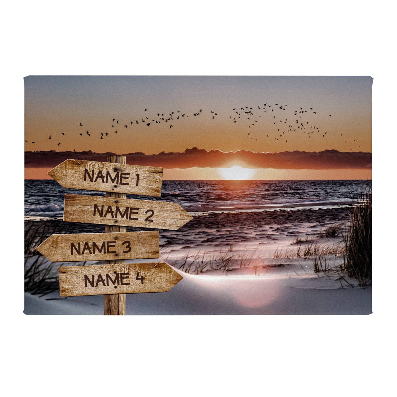 Leinwand mit Wegweisern am Strand