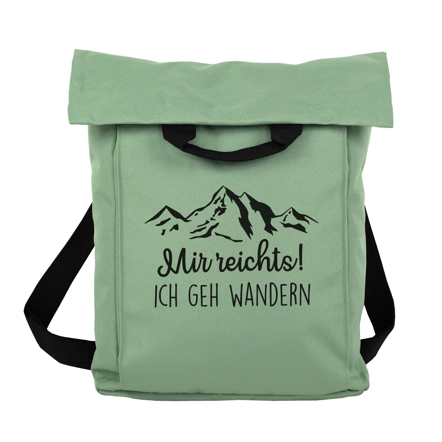 Jadegrüner Rucksack mit Bergmotiv und Spruch „Mir reichts! Ich geh wandern“