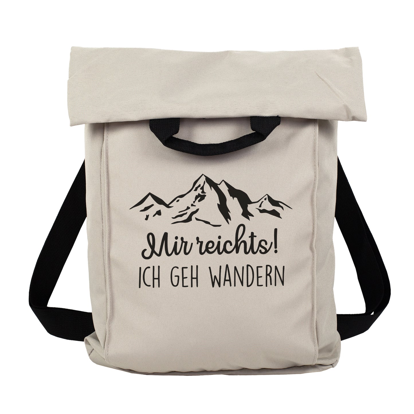 Beiger Rucksack mit Bergmotiv und zweizeiligem Wunschtext zum Wandern