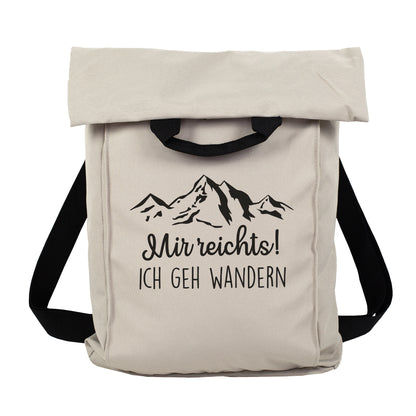 Beiger Rucksack mit Bergmotiv und zweizeiligem Wunschtext zum Wandern