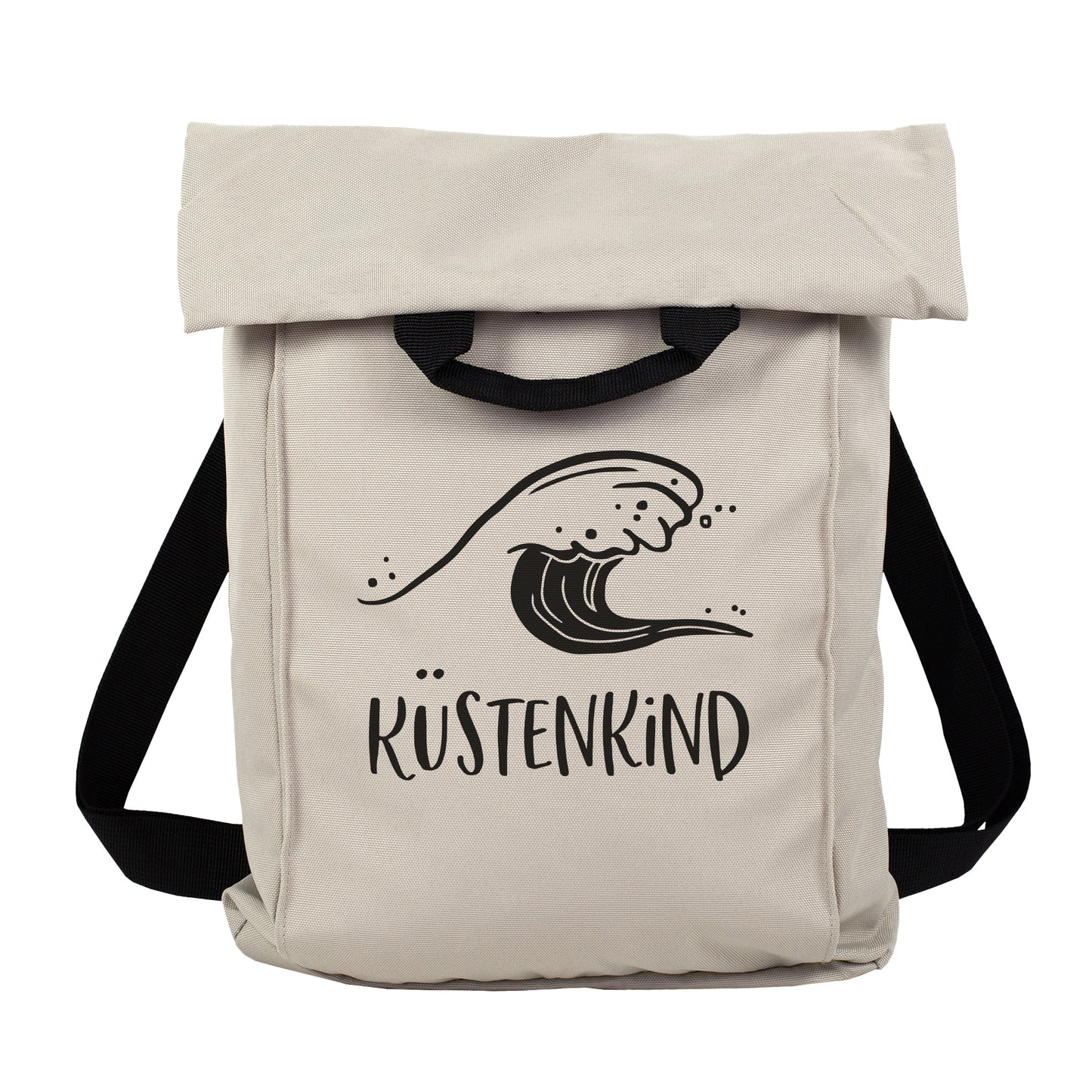 Beiger 2-in-1 Rucksack mit Wellenmotiv und Wunschtext Küstenkind vor weißem Hintergrund