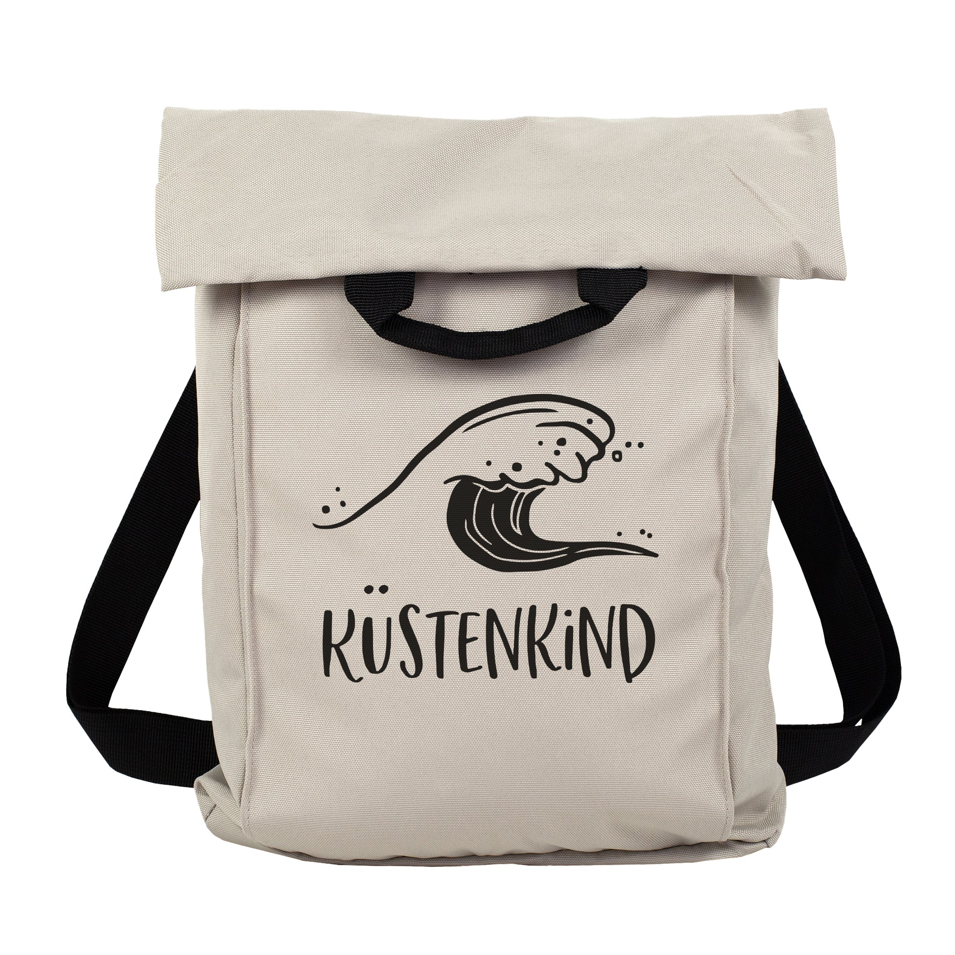 Beiger 2-in-1 Rucksack mit Wellenmotiv und Wunschtext Küstenkind vor weißem Hintergrund
