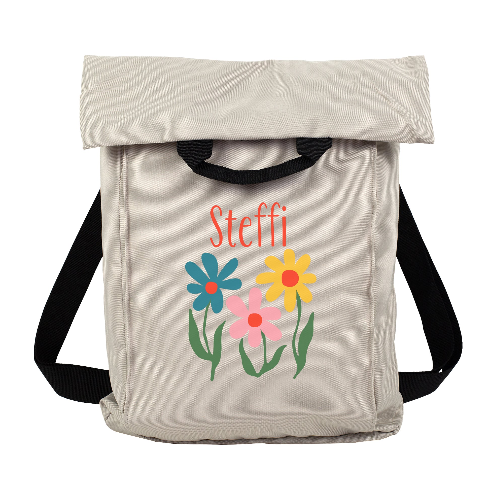 Beiger 2-in-1 Rucksack mit buntem Blumenmotiv und personalisiertem Namen Steffi als Freisteller
