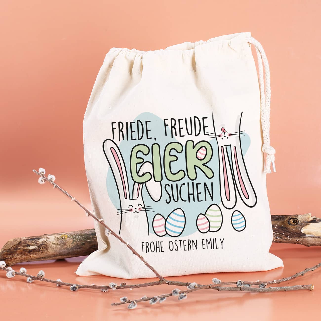 Geschenksack zu Ostern mit fröhlichem Motiv und Personalisierung