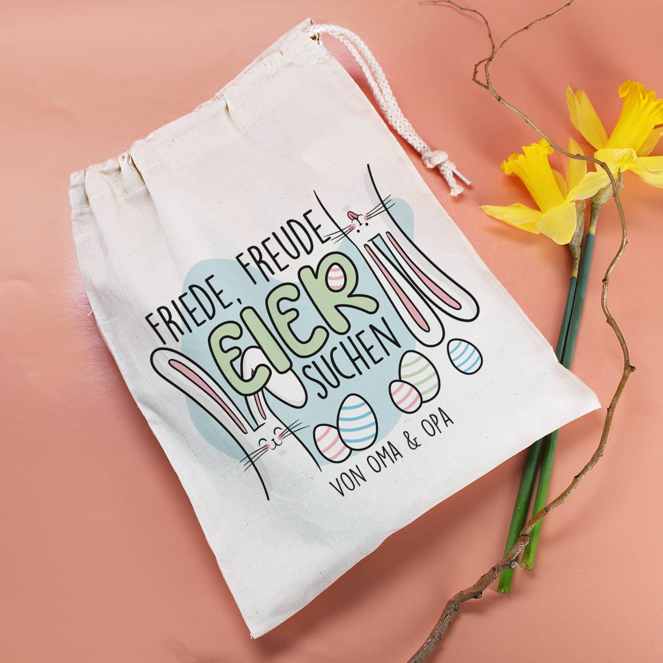 Friede, Freude, Eier suchen - Geschenksack zu Ostern mit Text personalisiert