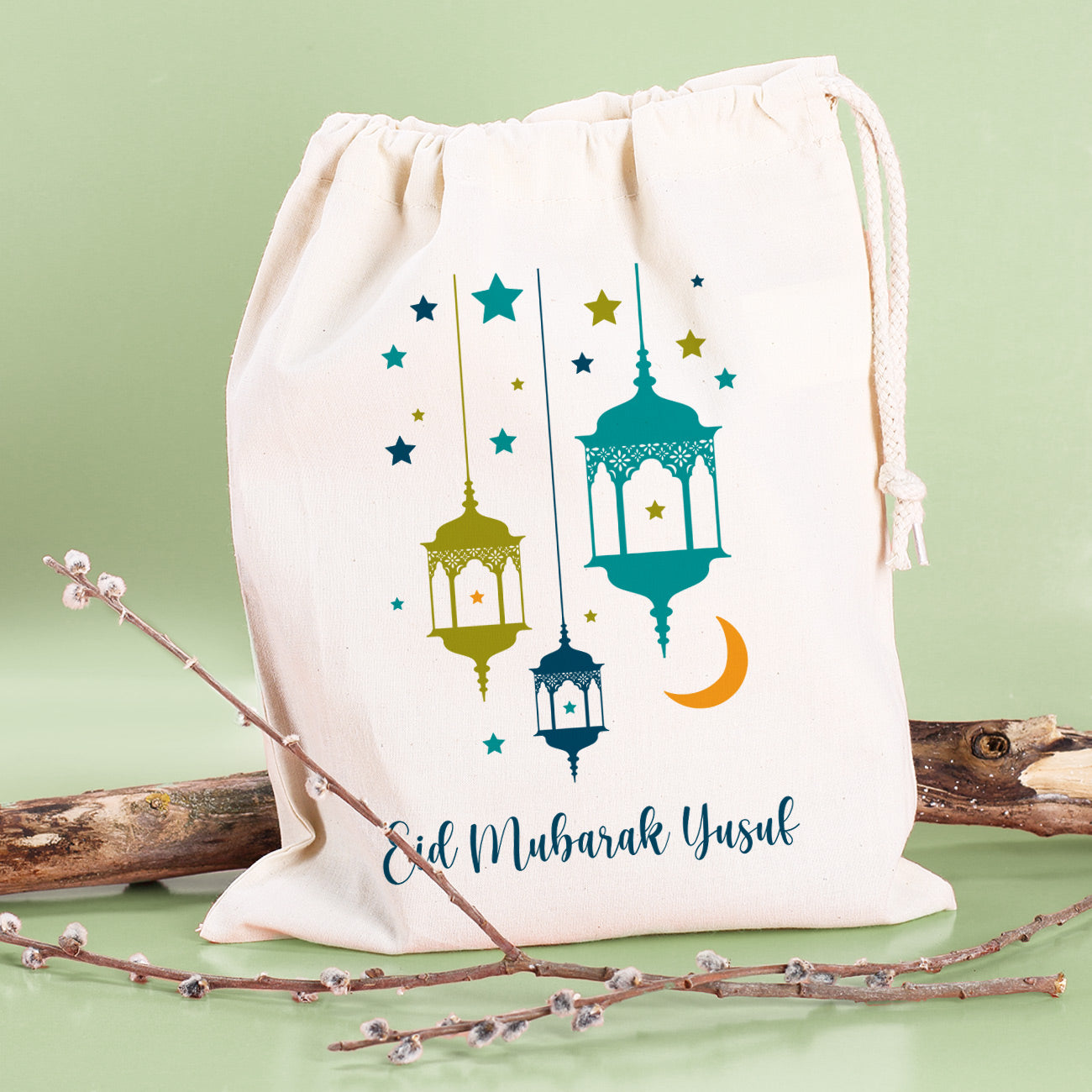 Kleiner Eid Geschenksack mit Laternen und Text in blau