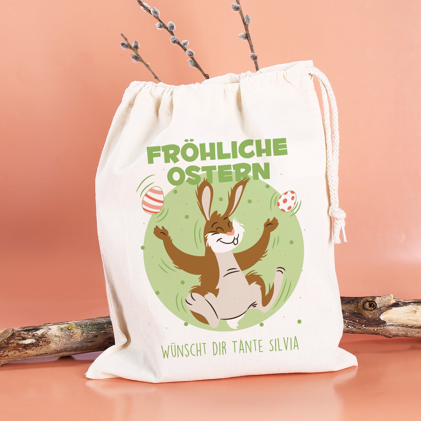 Personalisierter Geschenksack zu Ostern „Fröhliche Ostern“ mit jonglierendem Osterhasen