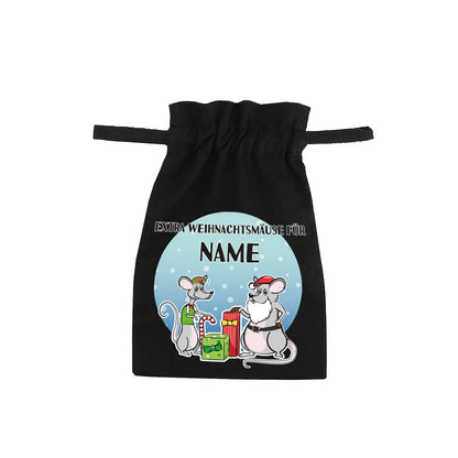 Schwarzer Stoffsack "Extra Weihnachtsmäuse für" mit Ihrem persönlichen Wunschnamen bedruckt